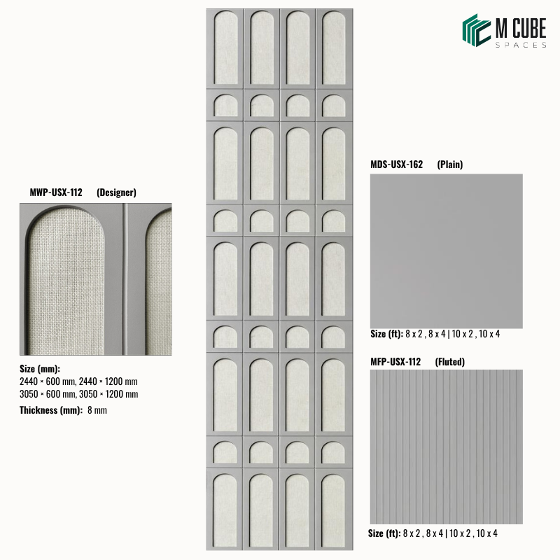 Sephora designer, plain and fluted 8 mm HDHMR wall panel combination MWP-USX-112 for living room feature walls, TV units and bedroom interior wall cladding | M Cube Spaces, Bangalore, India