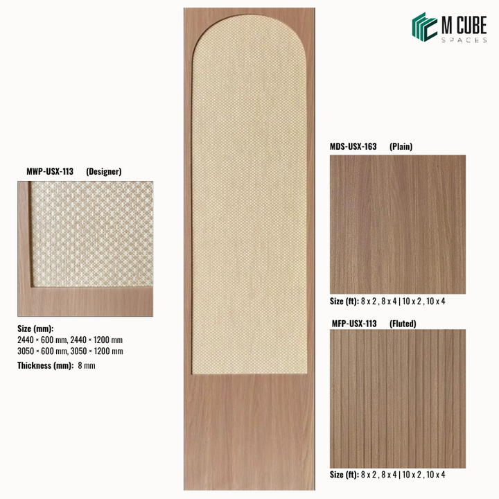 Sephora designer, plain and fluted 8 mm HDHMR wall panel combination MWP-USX-113 for living room feature walls, TV units and bedroom interior wall cladding | M Cube Spaces, Bangalore, India