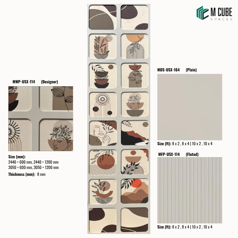 Sephora designer, plain and fluted 8 mm HDHMR wall panel combination MWP-USX-114 for living room feature walls, TV units and bedroom interior wall cladding | M Cube Spaces, Bangalore, India