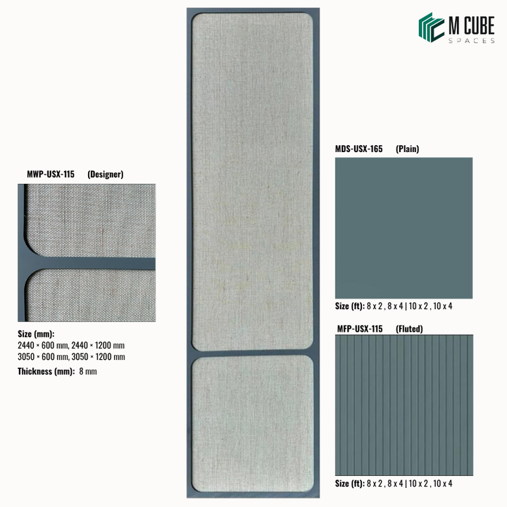 Sephora designer, plain and fluted 8 mm HDHMR wall panel combination MWP-USX-115 for living room feature walls, TV units and bedroom interior wall cladding | M Cube Spaces, Bangalore, India