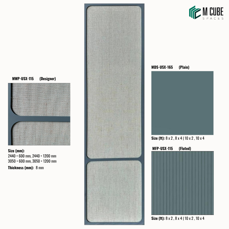 Sephora designer, plain and fluted 8 mm HDHMR wall panel combination MWP-USX-115 for living room feature walls, TV units and bedroom interior wall cladding | M Cube Spaces, Bangalore, India