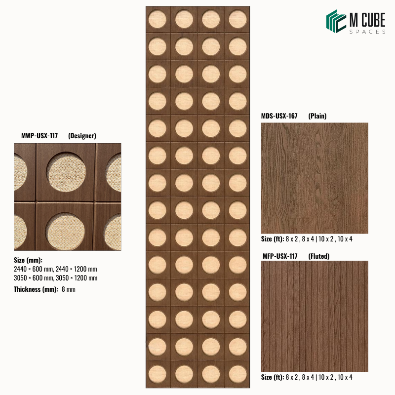 Sephora designer, plain and fluted 8 mm HDHMR wall panel combination MWP-USX-117 for living room feature walls, TV units and bedroom interior wall cladding | M Cube Spaces, Bangalore, India