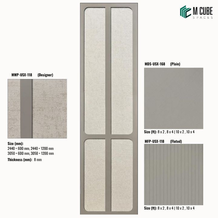 Sephora designer, plain and fluted 8 mm HDHMR wall panel combination MWP-USX-118 for living room feature walls, TV units and bedroom interior wall cladding | M Cube Spaces, Bangalore, India