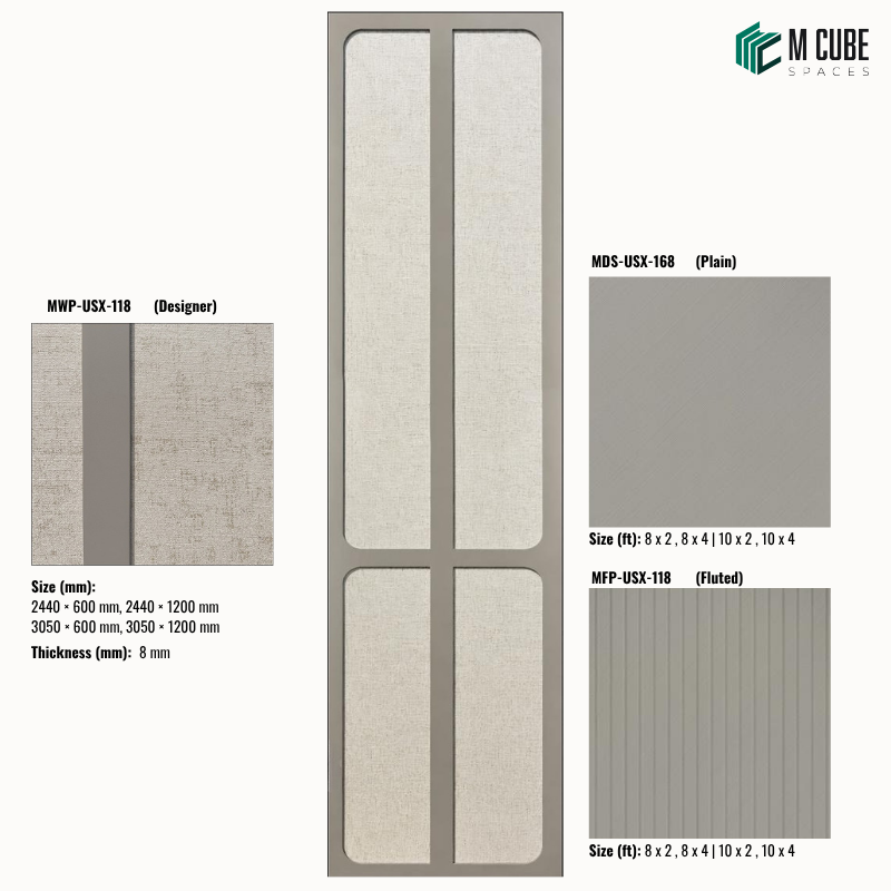 Sephora designer, plain and fluted 8 mm HDHMR wall panel combination MWP-USX-118 for living room feature walls, TV units and bedroom interior wall cladding | M Cube Spaces, Bangalore, India