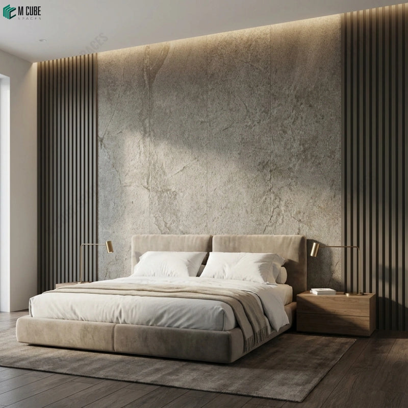 Modern Bedroom Feature Wall with Silver Rock Stone Veneer