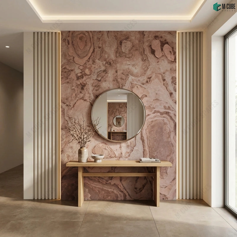 Statement Entryway Console Wall with Terra Red Sandstone Stone Veneer