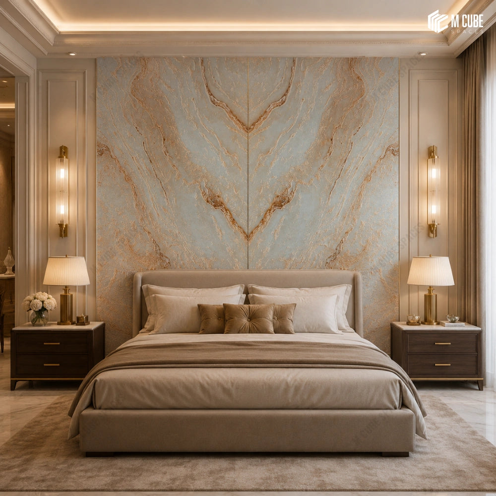 Bookmatched marble textura decorative wall panels for luxury master bedroom feature walls - Bedroom interior inspiration