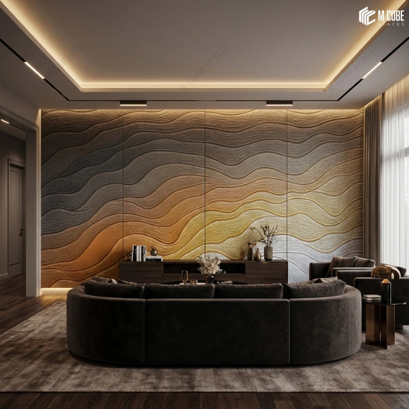 Gradient Wave Relief Panels for Moody Luxurious Living Room Feature Wall