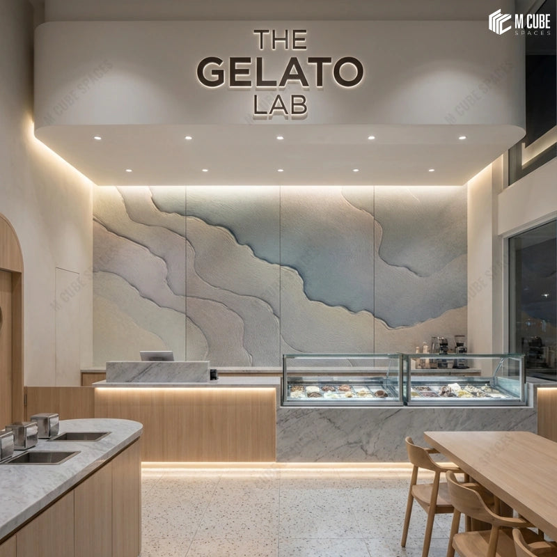 Layered Coastal Relief Panels for Gelato Counter Wall