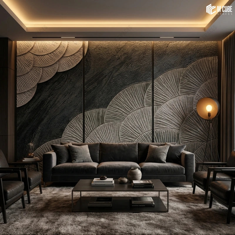 Textured Relief Panels for a Moody Contemporary Living Room Wall