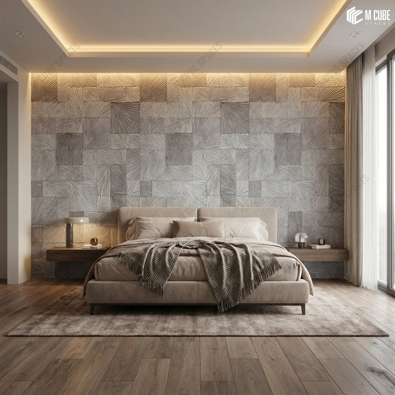 Geometric Carved Texture Panels for Bedroom Feature Wall