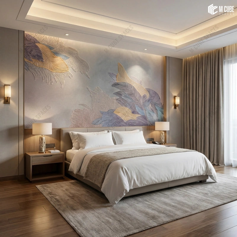 Botanical Leaf Pattern Panels for Bedroom Feature Wall