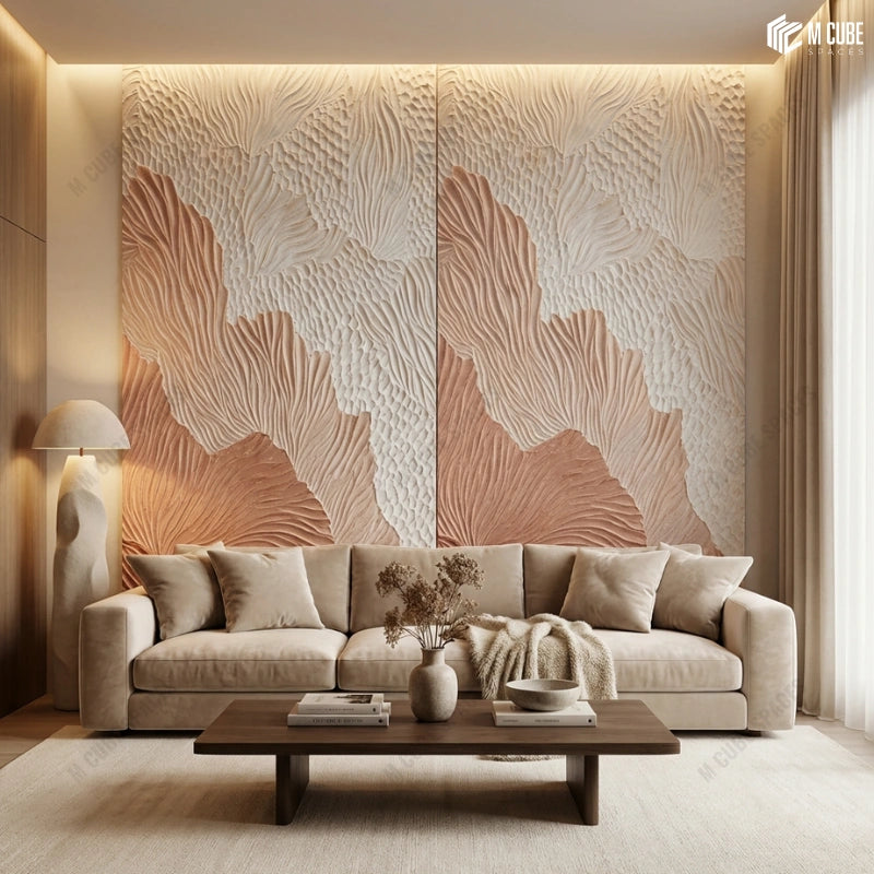 Layered Pink and Off White Organic Texture Panels for Living Room Wall