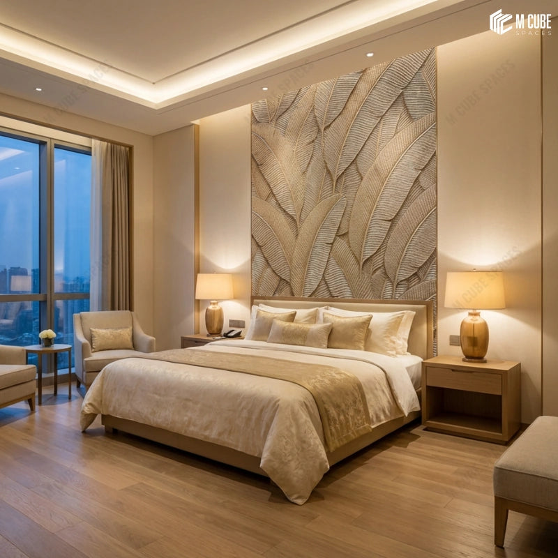 Botanical Texture Panels as Bedroom Headboard Wall