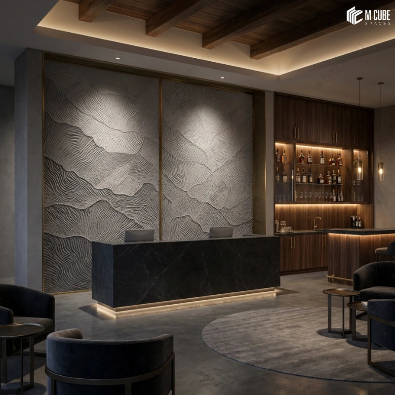 Topographic Texture Panels on Luxury Reception Wall