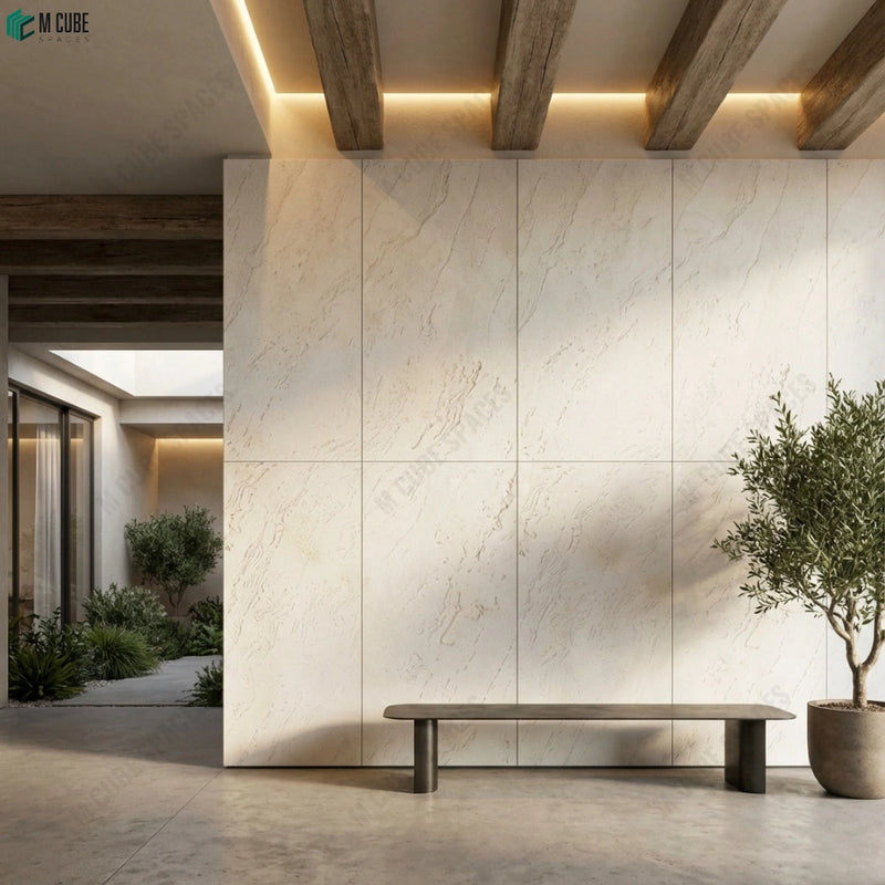 Open-to-sky residential courtyard with Travertino Beyaz Marble
