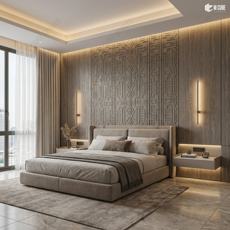 Abstract sculpted trevia veneer headboard in master bedroom - Bedroom interior inspiration