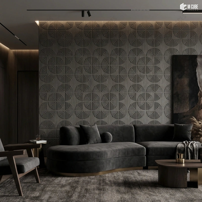 Geometric Trevia Fluted Wood Veneer Accent Wall in Contemporary Living Room