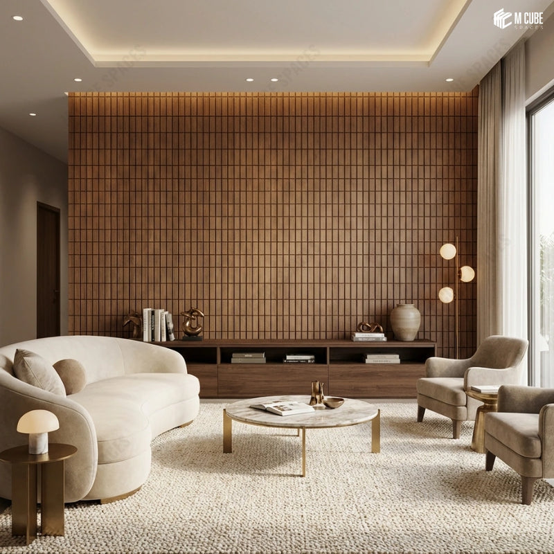 Grid-Pattern Trevia Wood Veneer Accent Wall in Elegant Lounge