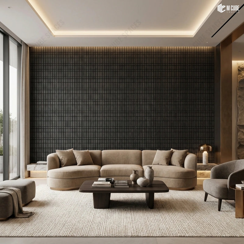 Dark-Toned Trevia Fluted Veneer Feature Wall in Minimalist Living Room