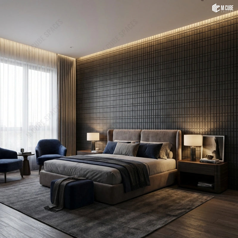 Dark Toned Trevia Fluted Wood Headboard Feature Wall in Sophisticated Urban Bedroom