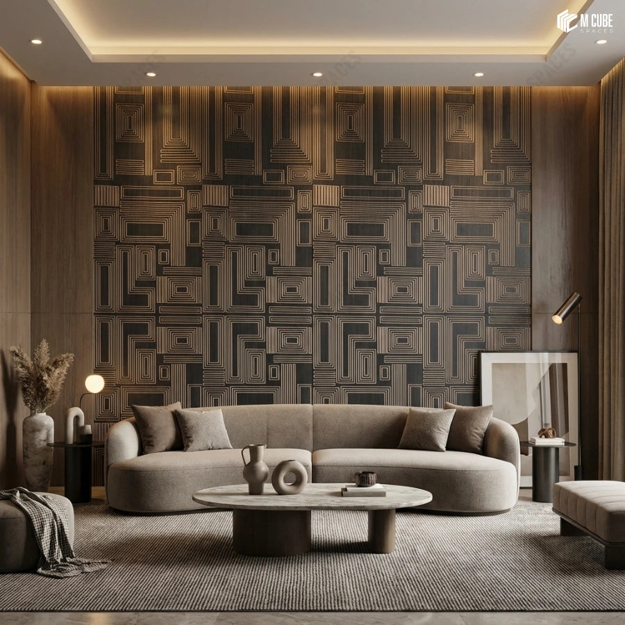 Architectural abstract trevia fluted veneer feature wall in contemporary living room - Living interior inspiration