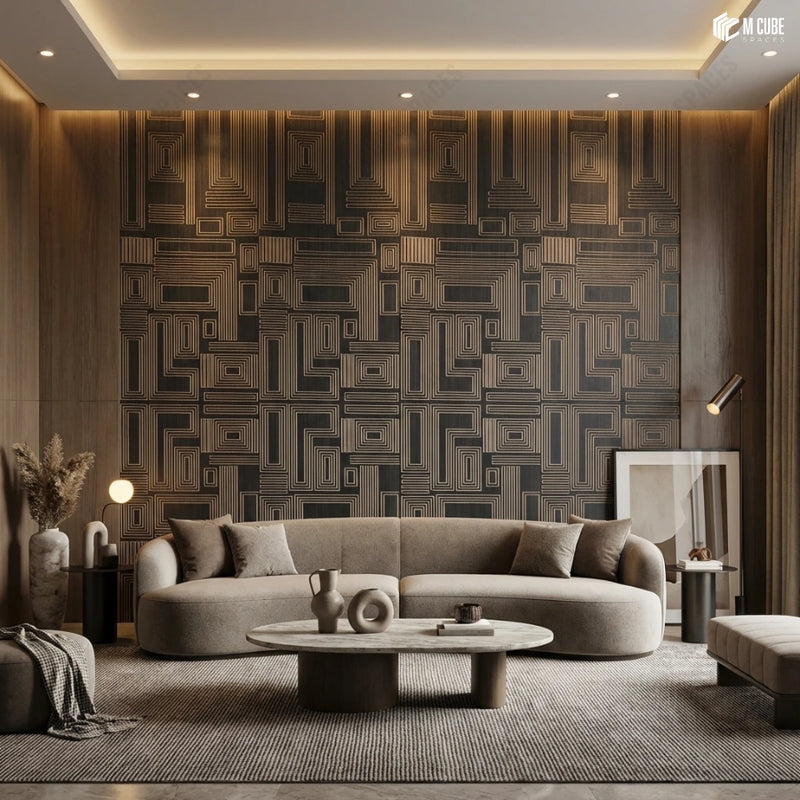 Architectural Abstract Trevia Fluted Veneer Feature Wall in Contemporary Living Room