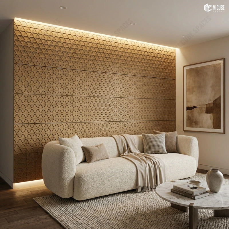 Triangular Fluted Trevia Veneer Accent Wall in Soft Modern Lounge
