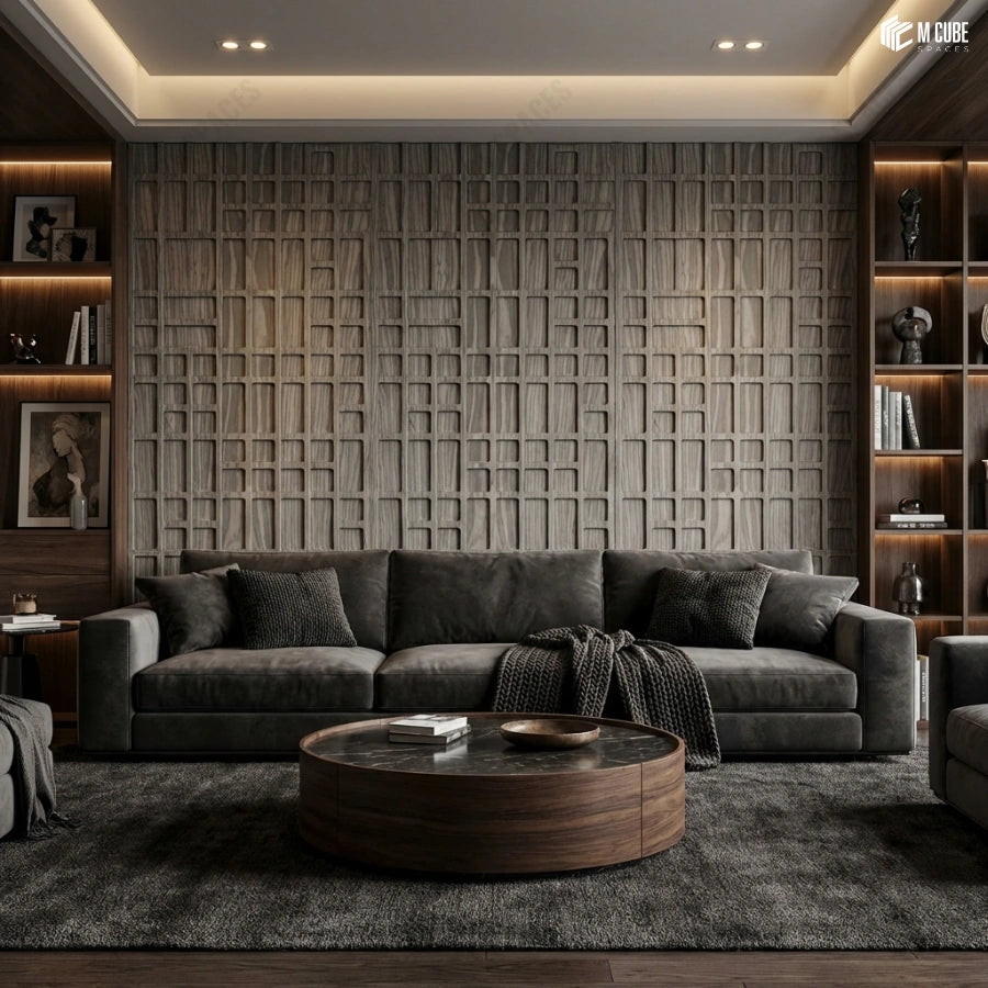 Abstract linear trevia fluted veneer media wall in executive living space - Living interior inspiration