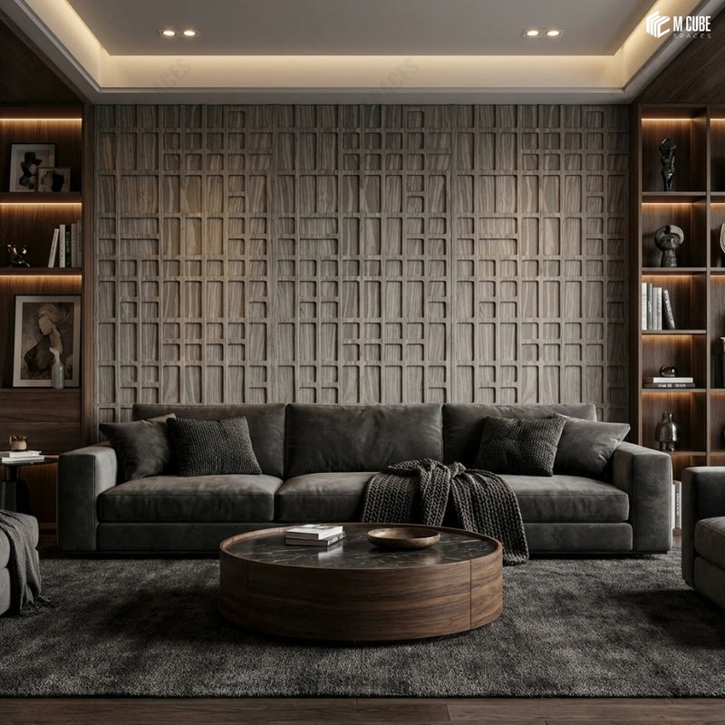 Abstract Linear Trevia Fluted Veneer Media Wall in Executive Living Space