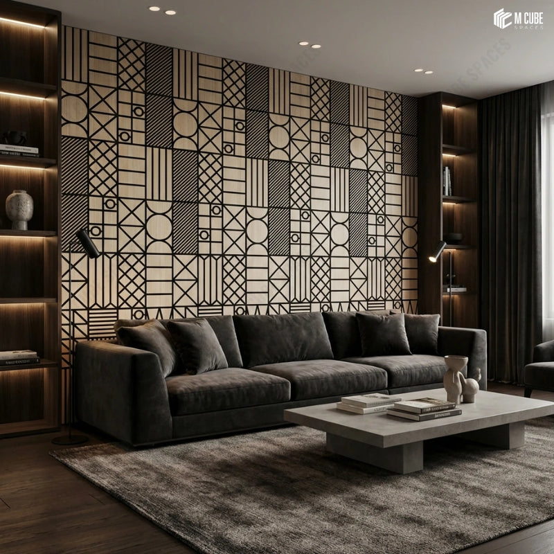 Graphic Pattern Trevia Veneer Statement Wall in Designer Living Room
