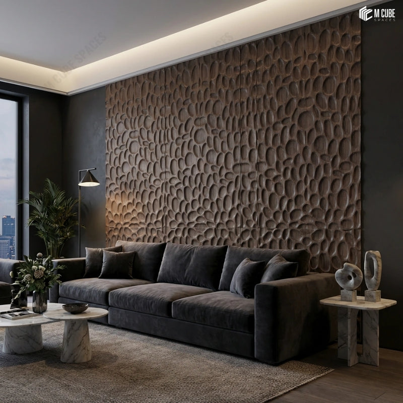 Organic Sculpted Trevia Wood Veneer Feature Wall in Luxury Lounge