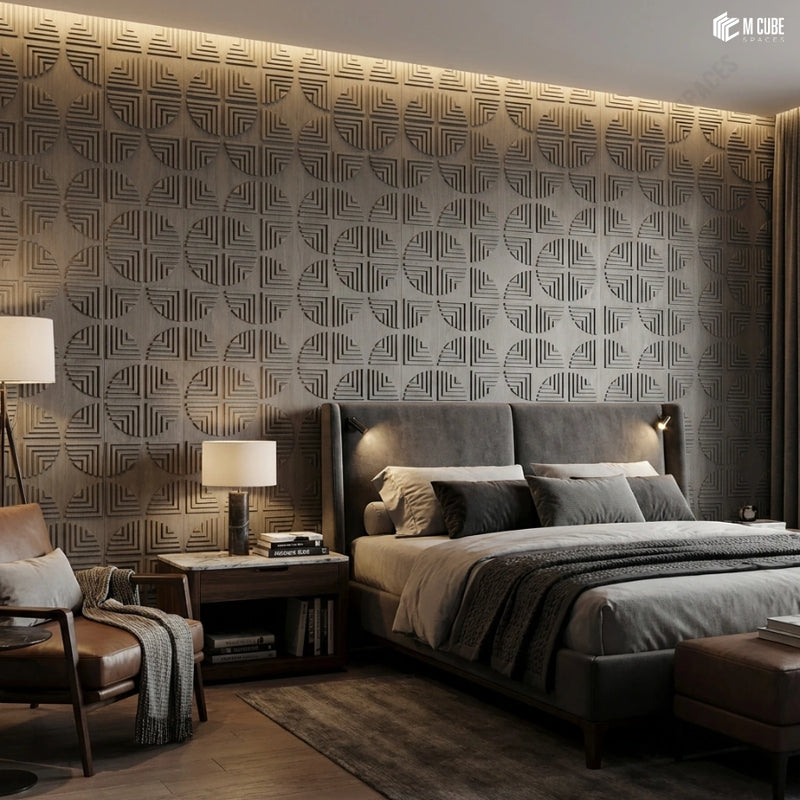 Full-Height Trevia Fluted Veneer Feature Wall in Modern Master Bedroom