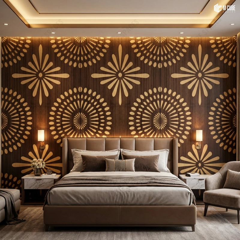 Grand Art Deco Bedroom Feature Wall Using Trevia Designer Wood Veneer Panels