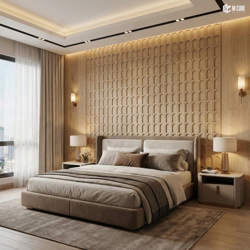 Sculpted Arch Pattern Bedroom Accent Wall Using Trevia Fluted Wood Veneers