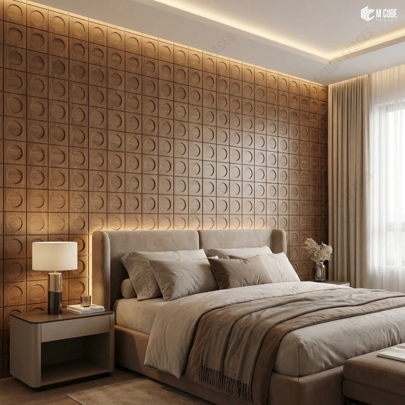 Circular Relief Designer Bedroom Wall Using Trevia Carved Wood Veneer Panels