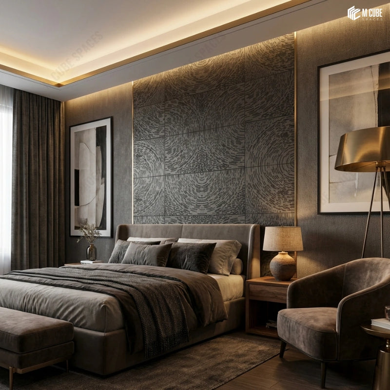 Dark Textured Statement Bedroom Wall Using Trevia Abstract Wood Veneer Panels