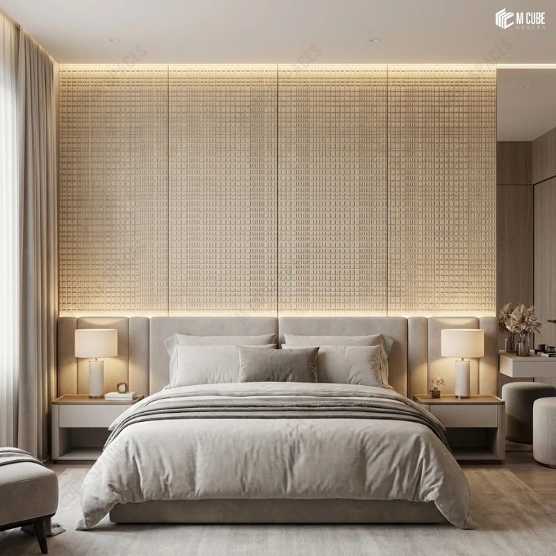 Minimal Grid Headboard Wall Using Trevia Micro-Pattern Wood Veneer Panels