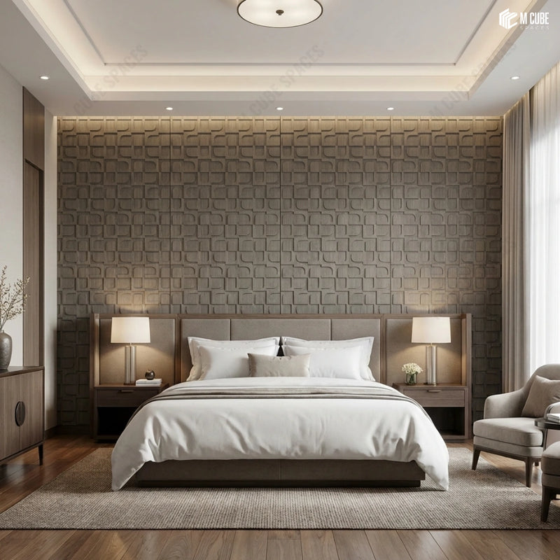 Modern Geometric Bedroom Feature Wall Using Trevia Patterned Wood Veneer Panels