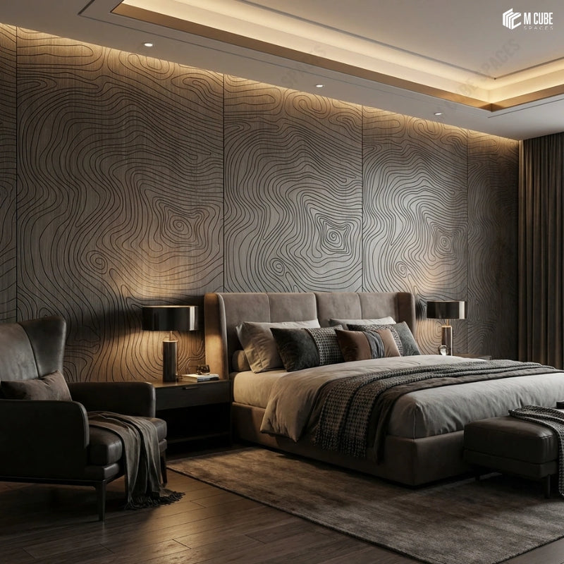 Topographic Trevia Fluted Veneer Feature Wall in Elegant Bedroom