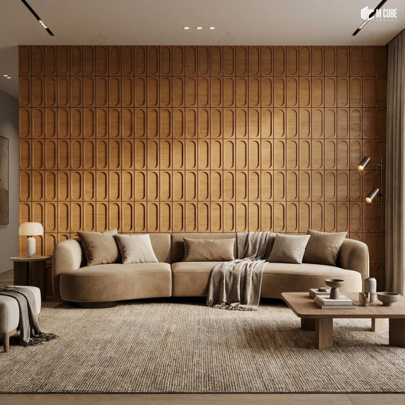 Architectural Trevia Fluted Wood Veneer Feature Wall in Contemporary Living Room