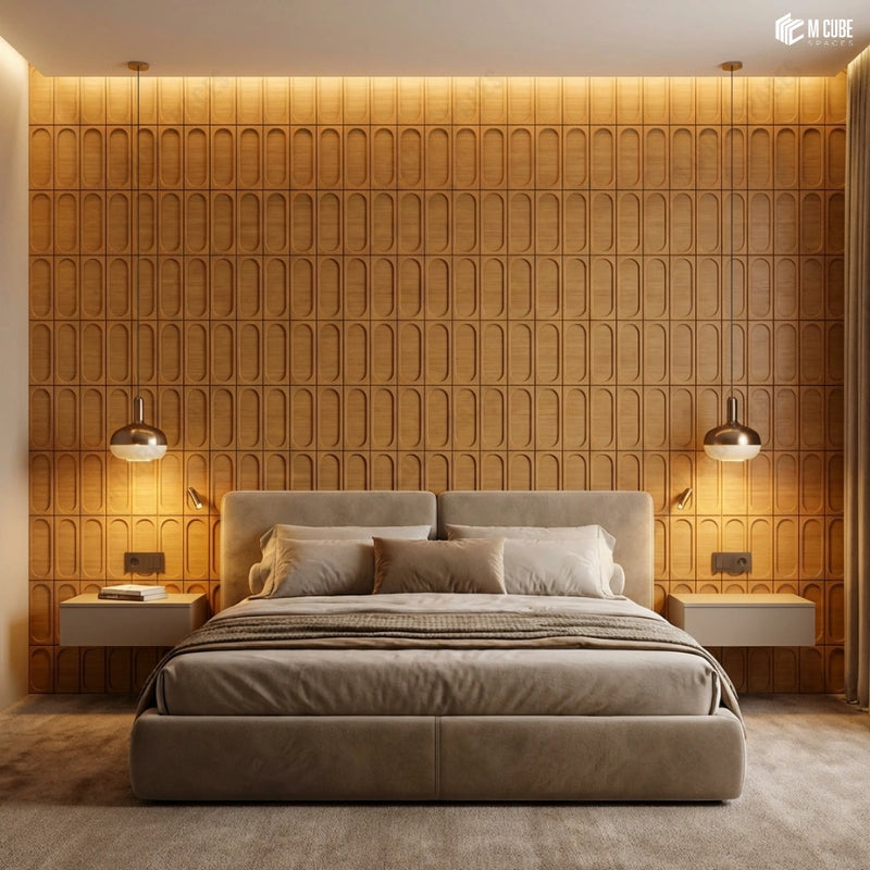 Architectural Trevia Fluted Wood Headboard Wall in Modern Luxury Bedroom