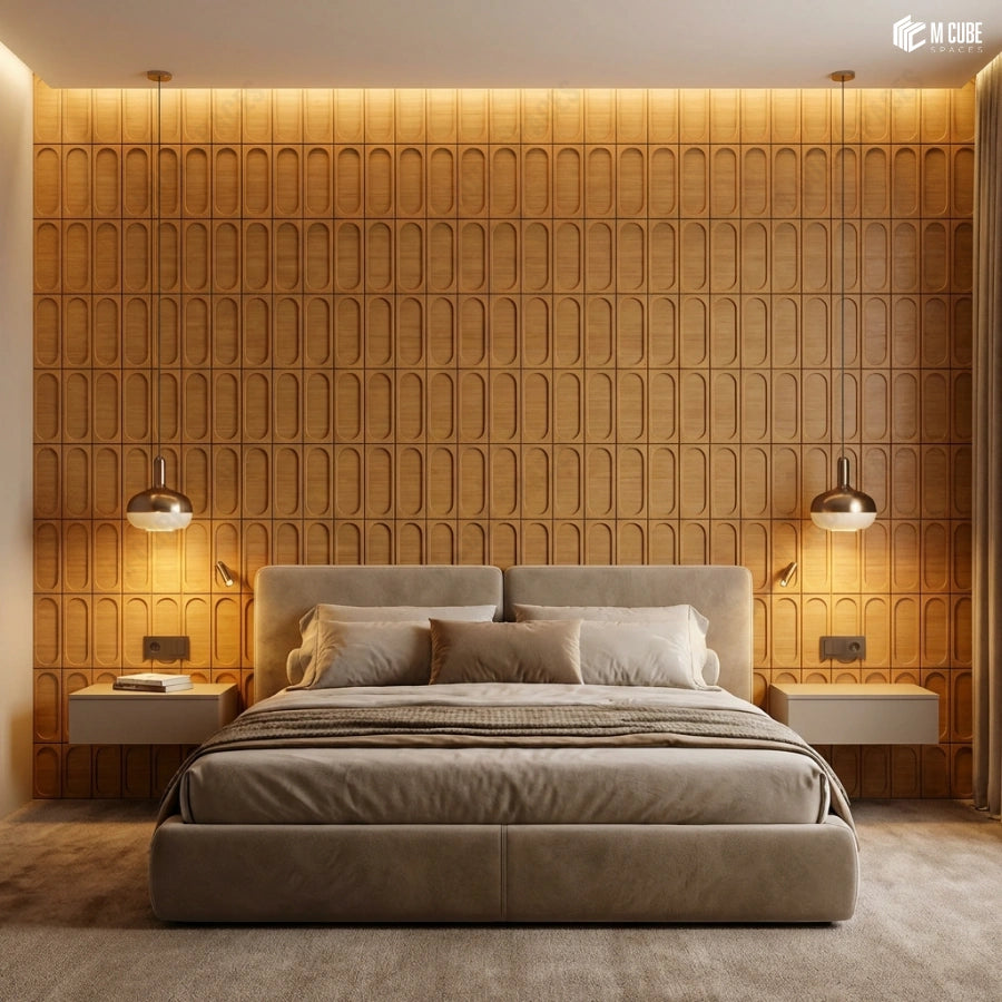 Architectural Trevia Fluted Wood Headboard Wall in Modern Luxury Bedroom - Bedroom inspiration