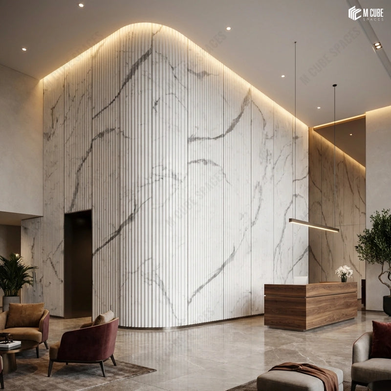Contemporary Hotel Reception Backdrop accented using Premium Flexible Louvers