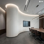 MLV-UME-111 premium flexible louver panel with HDHMR backing and PVC finish used for executive boardroom curved feature wall interior design inspiration