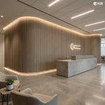 MLV-UME-113 premium flexible louver panel with HDHMR backing and PVC finish used for contemporary reception and waiting area interior design inspiration