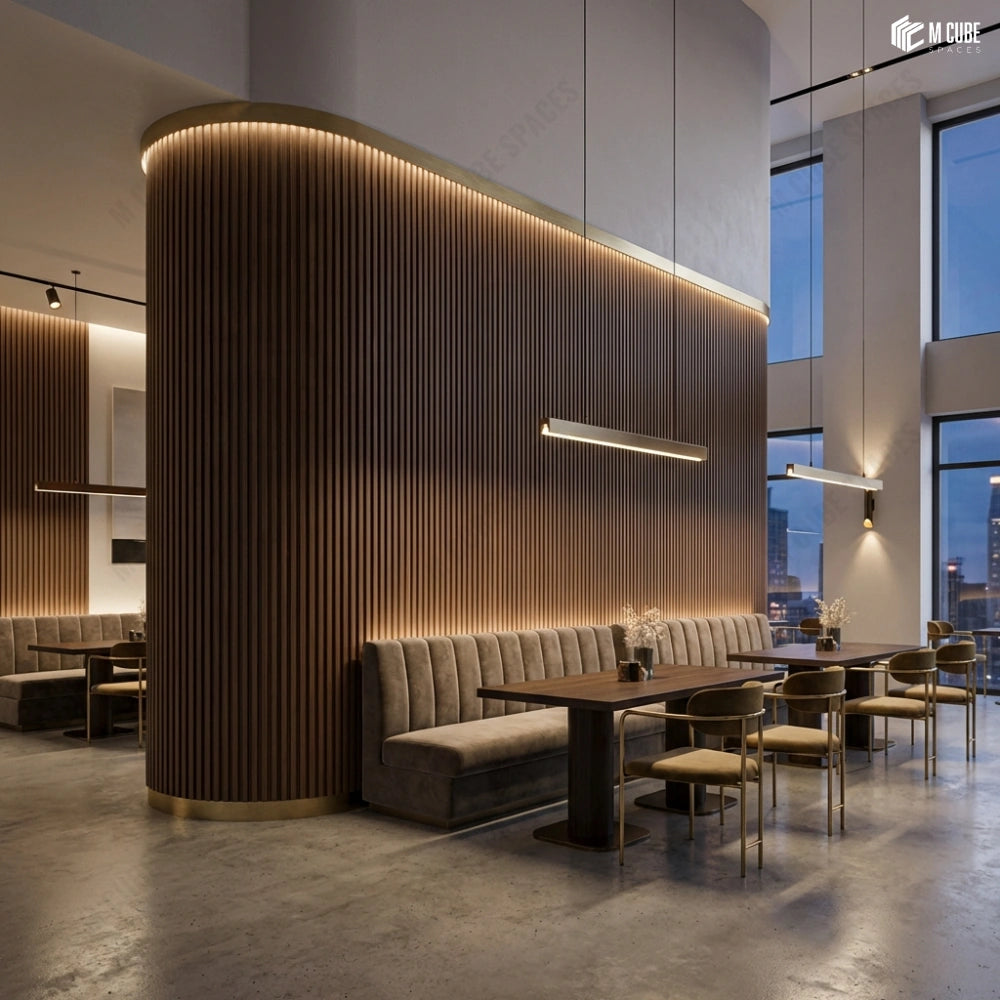 Café & restaurant curved statement wall with flexible louvers - Commercial interior inspiration