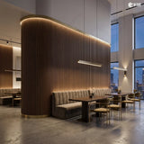 MLV-UME-115 premium flexible louver panel with HDHMR backing and PVC finish used for café and restaurant curved statement wall interior design inspiration
