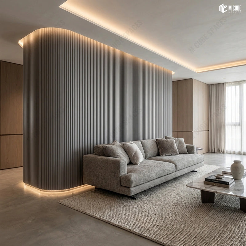 Flexible Louvers defining a Curved Accent Wall in Modern Living Room