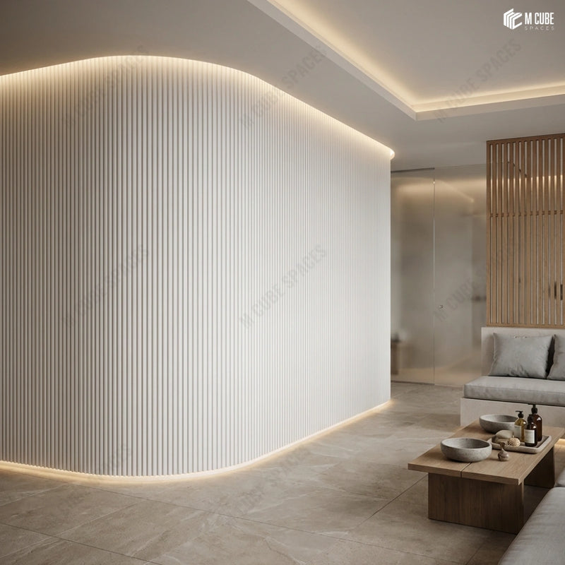 Minimalist Lounge Area in Spa with Architectural Curved Walls using Flexible Louvers